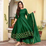 Anni Designer Women'S Rayon Anarkali Gold Printed Kurta And Dupatta Set (Kumt; Green; Large),Green,L,Rayon,Anarkali,Dupatta