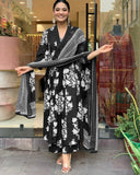 Anni Designer Women'S Rayon Viscose Anarkali Printed Kurta With Pant & Dupatta (Jasiwal Black-Vks01_Xxl_Black_Xx-Large),Black,2XL,,,