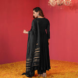Gosriki Women'S Rayon Blend Anarkali Solid Kurta With Pant & Dupatta (Jayanti Black-Gs_M_Black_Medium),Black,,B0DPZ7NGKP