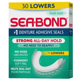 Sea Bond Secure Denture Adhesive Seals, Fresh Mint Lowers, ZincFree, AllDayHold, MessFree, 30 Count (Pack of 1)