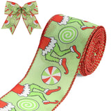 Christmas Ribbon for Tree, Red Green Funny Xmas Cartoon Character Ribbons Wired Peppermint Fabric Ribbon Gift Wrapping DIY Craft