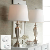 Regency Hill Carlton Blair 25 High Traditional Table Lamps Set of 2 WiFi Smart Socket Silver Brushed Nickel Finish Metal Living