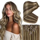 Ve Sunny 24 inch Hair Extensions Clip in Long Straight Real Hair Extensions Clip in Human Hair Dark Brown mit Blonde Clip in Hai