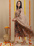 Anni Designer Women'S Rayon Blend Printed Straight Kurta With Pant & Dupatta (Kalam Chiku-Vks02_M_Beige_Medium),Beige,M,,,