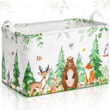 Buryeah Woodland Animals Gift Storage Basket, Bear Fox Deer Collapsible Rectangular Storage Bin with Handles Clothes Doll Books