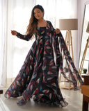 Women Floral Print Anarkali Kurta With Pant And Dupatta (Medium Black-1),Black-1,M,Georgette,Anarkali,Kurta, Pants, Scarf