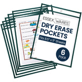 Essex Wares - 6 Pack, Forest Green, Water-Resistant Dry Erase Pocket Document Protectors, 10 Wide x 13.5 Tall - Dry Erase Clear