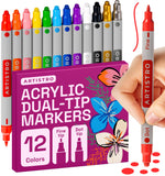 ARTISTRO 12 Acrylic Paint Markers for Rock, Fabric, Wood, Glass, Craft, Decoration - Dual-Tip Paint Pens - Stocking Stuffers, Ch
