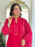 Anni Designer Women'S Rayon Viscose Straight Bandhej Printed Kurta With Pant & Dupatta (Kriva Pink-Vks01_Xl_Pink_X-Large),Pink,XL,,,