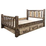 Montana Woodworks Homestead Collection Queen Storage Bed With Laser Engraved Wolf Design, Stain & Clear Lacquer Finish
