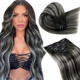 LaaVoo Real Hair Extensions Clip in Human Hair Off Black Blayage Silver Grey Balayage Clip in Extensions Human Hair Long Hair Ex
