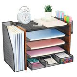 Wood Desk Organizers and Accessories with File Organizer, 5-Tier Paper Organizer with Drawer & Pen Holder, Office Desk Accessori