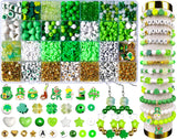 2200Pcs St. Patrick's Day Bracelets Beading Kit, Green Series Beads with Clover Charms, Shamrock Pendants, White & Green Round B