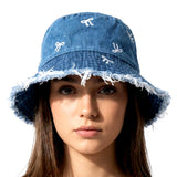 Jamont Denim Bucket Hat For Women And Girls | Embroidered Bow Sun Cap With Frayed Edge | Breathable Packable Cotton Denim Beach