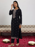 Libas Womens Embroidered Silk Blend Straight Kurta With Trousers And Dupatta Navy Blue Xl