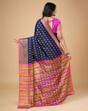 Sugathari Womens Banarasi Saree Pure Kanjivaram Silk Saree Soft New Ladies 2023 Design Wear Pattu Sarees Latest Party Sari Collections With Blouse Piece For Wedding Sadi (Sam Pari S-6 Navy Blue)