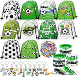 Grneric 110 Pcs Soccer Party Favors Drawstring Bags with Keychains Silicone Bracelets Stickers Soccer Goodie Bags Gift Bags for