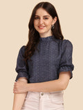 Wedani Women'S Casual Puff Sleeves Ruffled Collor Foral Top (X-Large Navy Blue),Navy Blue,XL,Rayon,Regular,