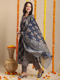 Anni Designer Women'S Rayon Blend Straight Printed Kurta With Pant & Dupatta (Alaya Navy Blue-Vks01_L_Navy Blue_Large),Navy Blue,L,,,
