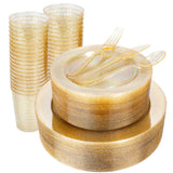 WELLIFE 300PCS Gold Glitter Plastic Plates, Gold Plastic Dinnerware Includes: 50 Dinner and 50 Dessert Plates, 150 Cutlery, 50 C