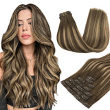 Seamless Hair Extensions Clip in, 7pcs 110g Balayage Chocolate Brown to Caramel Blonde 22 Inch, MAXITA Remy Clip in Hair Extensi