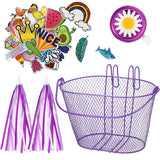 Kid's Bicycle Basket Streamers Set, Children's Bike Wire Mesh Basket with 2 Pieces Colorful Bike Streamers, Bell and 30 Pieces S