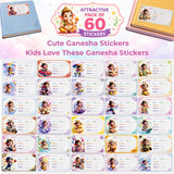 Pack Of 60 Cute Ganesha Notebook Name Stickers For Kids | Waterproof Self Adhesive School Book Labels | Premium Multicolor Name
