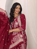 Libas Womens Printed Silk Blend Straight Kurta With Trousers And Dupatta Red M