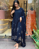 Gosriki Women'S Rayon Viscose Anarkali Printed Kurta With Pant & Dupatta (Gangori Kerosin-Gs_M_Dark Blue_Medium),Dark Blue,,B0DX25723L