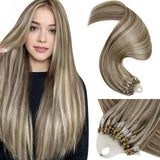 LaaVoo Micro Loop Hair Extensions Real Human Hair Ash Brown Highlight Platinum Blonde Micro Ring Hair Extensions Cold Fusion 50g