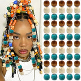 VENOFEN 60PCS Natural Wood Hair Beads Blue Brown White Braids Bead Large Wooden Loc Bead Dreadlock Jewelry Hair Decor Accessorie