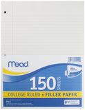 Mead Loose Leaf Paper, Filler Paper, College Ruled, 150 Sheets, 101/2 x 8, 3 Hole Punched, 1 Pack (15111), White