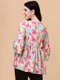 Wedani Women'S Casual Bell Sleeves V-Neck Foral Regular Fit Top (Medium Beige),Beige,M,Polyester,Western,