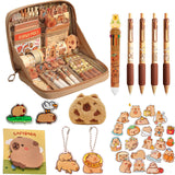 LJJINGXS Cute Capybara Pencil Case With 10 Compartments - Gift Set Includes Holder, Ball-Point Pen, Keychain, Stickers, Brooch,
