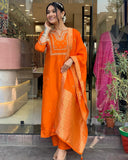 Anni Designer Women'S Rayon Blend Straight Embroidered Kurta With Pant & Dupatta (Manushi Orange_Xxl_Orange_Xx-Large),Orange,2XL,Rayon Blend,Regular,