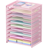 OUTWOLF 10 Tier Paper Organizer - Letter Tray Mesh Desk File Organizer with Handles for Office School Desktop, Pink