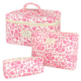 WYJ Pink Large Quilted Floral Makeup Bag Set of 3 Cute Coquette Aesthetic Cosmetic Bag Set Travel Toiletry Bag for Women