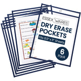 Essex Wares - 6 Pack, Navy Blue, Water-Resistant Dry Erase Pocket Document Protectors, 10 Wide x 13.5 Tall - Dry Erase Clear Pla