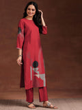 Libas Womens Printed Silk Blend Straight Kurta With Trousers And Dupatta Maroon Xs