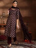 Libas Womens Printed Silk Blend Straight Kurta With Trousers And Dupatta Burgundy S 39080B