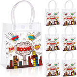 Sweetude 24 Pcs Hero Party Favor Bags with Handles Hero Theme Clear Candy PVC Plastic Bags Boom Theme Goodie Holder for Party Su