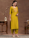 Libas Womens Woven Design Silk Blend Straight Kurta With Salwar And Dupatta Mustard L