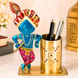 Brass Krishna Pen Stand Holder for Desk | Handmade Metal Pen Holder with Tray | Office Table Decoration Items & Desk Organizer |
