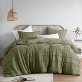 Comfort Spaces Olive Green Queen Size Comforter Set - 3 Piece Pintuck Pleated Bedding Set, All Season Lightweight, Extra Softnes