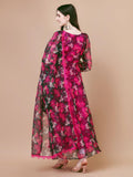 Wedani Women Floral Printed Kurta And Pant Set With Dupatta Pink,Pink,XL,Cotton Blend,Anarkali,Kurta, Scarf