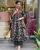 Anni Designer Women'S Rayon Blend Anarkali Printed Kurta With Palazzo & Dupatta (Cia Blue_Xl_Blue_X-Large),Blue,XL,,,