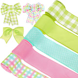 AnyDesign Spring Wired Edge Ribbon 30 Yards Pastel Pink Green Blue Fabric Ribbon Decorative Plaids Dots Wrapping Ribbons for Eas