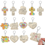 Trnayi 36 Pcs Christian Unfinished Crafts Color Your Own Jesus Loves Me Religious Keychains Wood DIY Coloring Crafts Gifts for S
