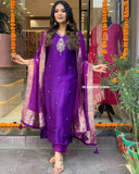 Gosriki Women'S Silk Blend Straight Embroidered Kurta With Pant & Dupatta (Premium Begani-Gs_L_Begani_Large),Begani,,B0D9WFH6YV