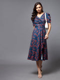 Miss Chase Women'S Teal V-Neck Puff Sleeve Floral Wrap Midi Dress (Mcaw21D14-84-232-04,Multicolored Base-Teal,M)